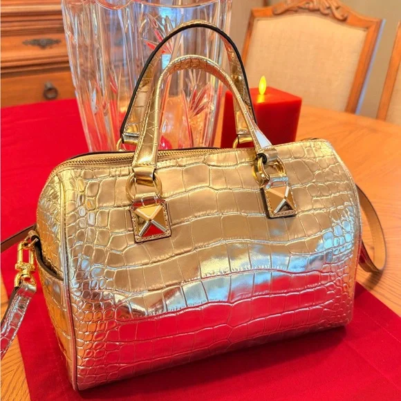 Michael Kors Grayson Metallic Gold Croc Embossed Leather Satchel, Tote EUC - Picture 2 of 13